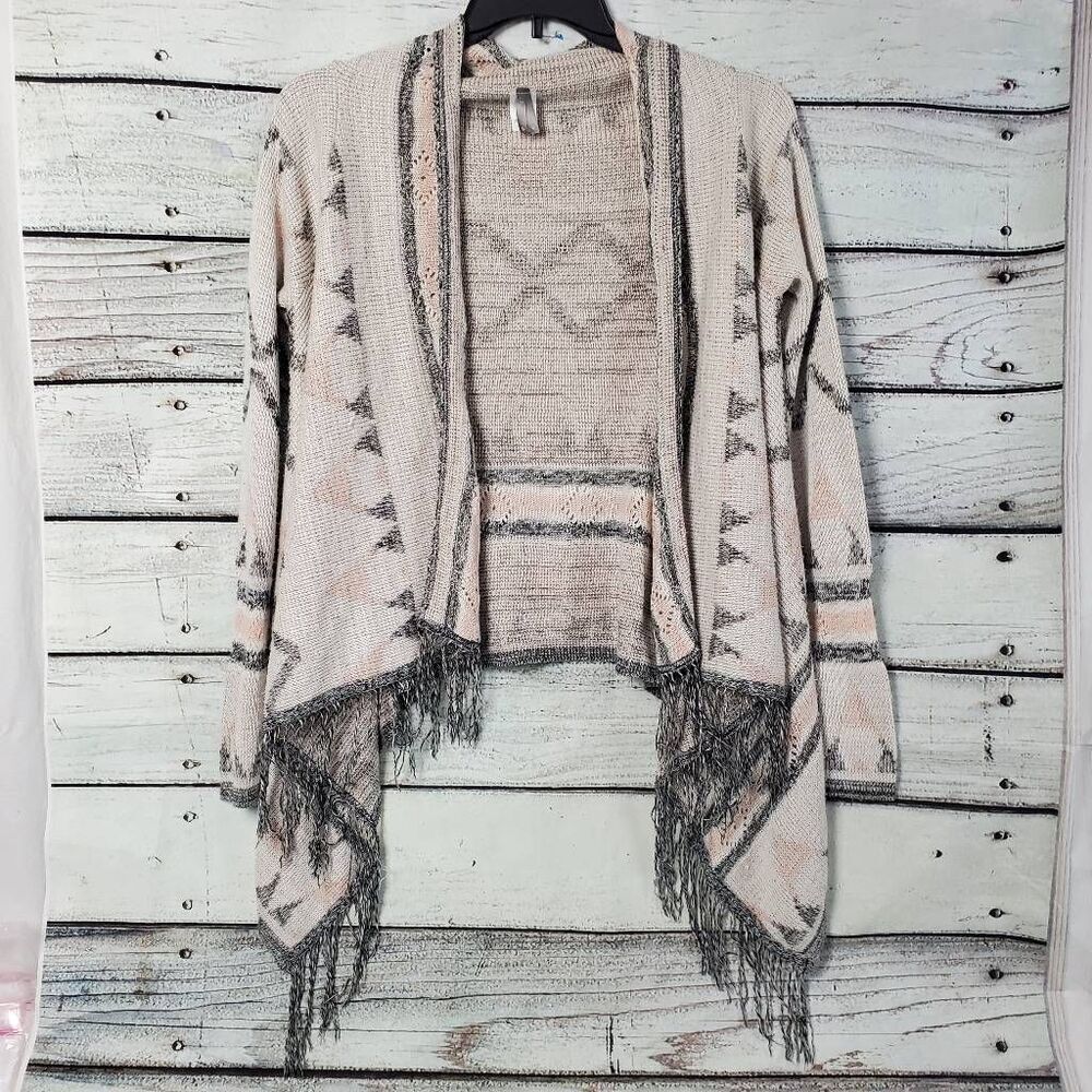 Vanity Women’s Size M Boho Southwestern Open Front Cardigan Sweater Fringe Hem A